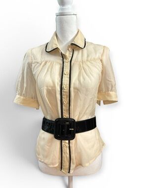 Inbm Cream Short-Sleeve Button Down Shirt with Black Trim,‎ S